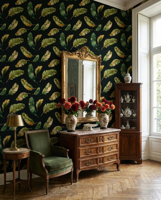 Banana Leaves Wallpaper Black Background Green And Gold Decorative Mural