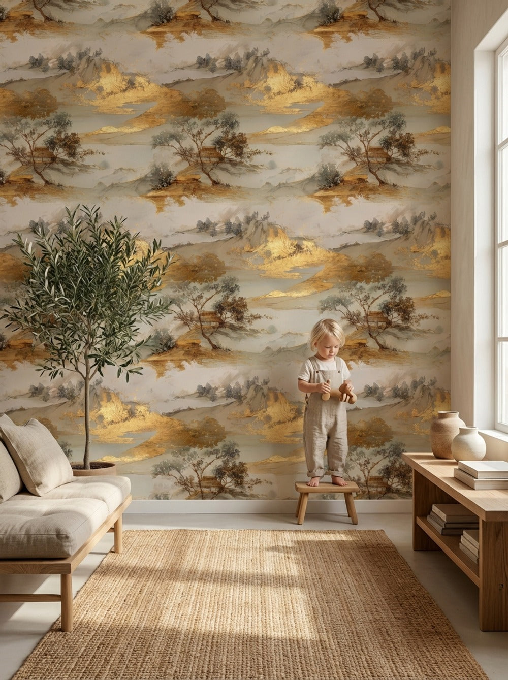 Misty Mountains Wallpaper Watercolor Wash Gold Foil Decorative Mural
