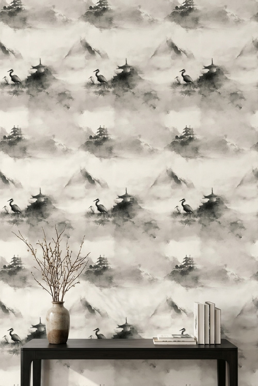 Misty Landscape Wallpaper Ink Wash Pagoda Pavilion Decorative Mural