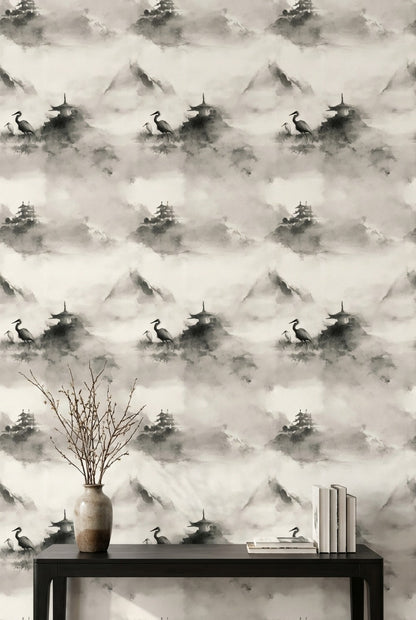 Misty Landscape Wallpaper Ink Wash Pagoda Pavilion Decorative Mural