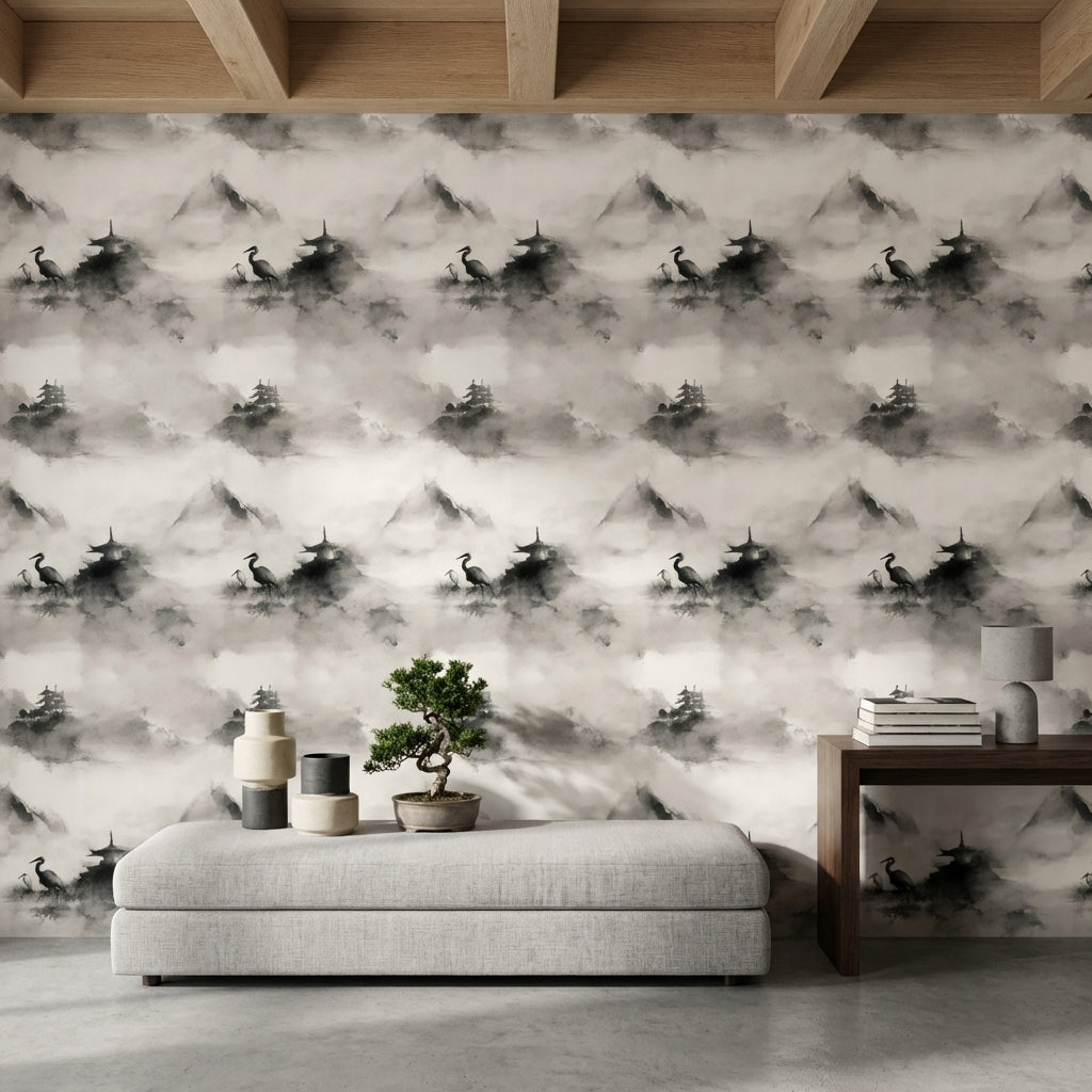 Misty Landscape Wallpaper Ink Wash Pagoda Pavilion Decorative Mural