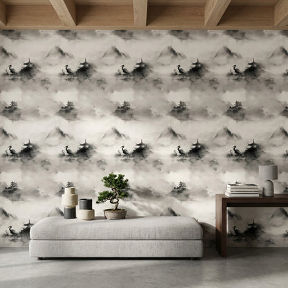 Misty Landscape Wallpaper Ink Wash Pagoda Pavilion Decorative Mural