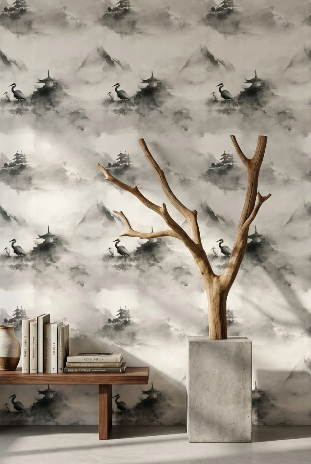 Misty Landscape Wallpaper Ink Wash Pagoda Pavilion Decorative Mural