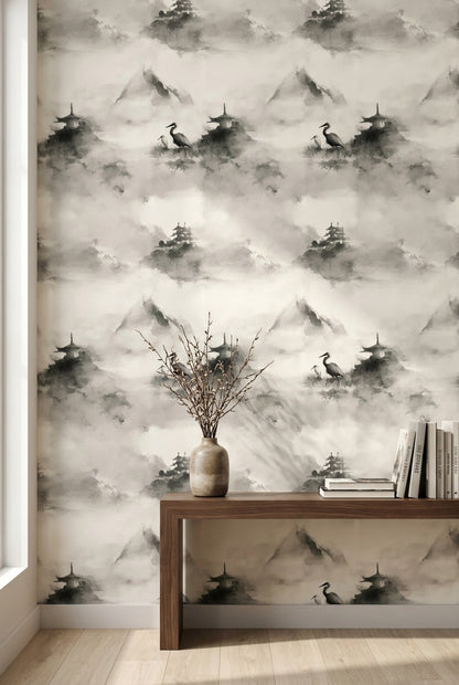 Misty Landscape Wallpaper Ink Wash Pagoda Pavilion Decorative Mural