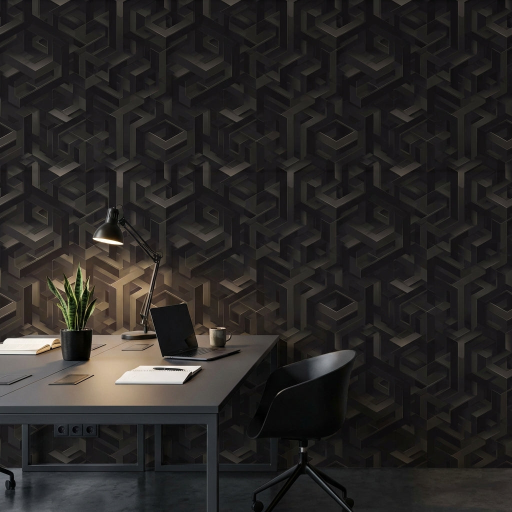 Isometric Wallpaper Geometric Dark Decorative Mural