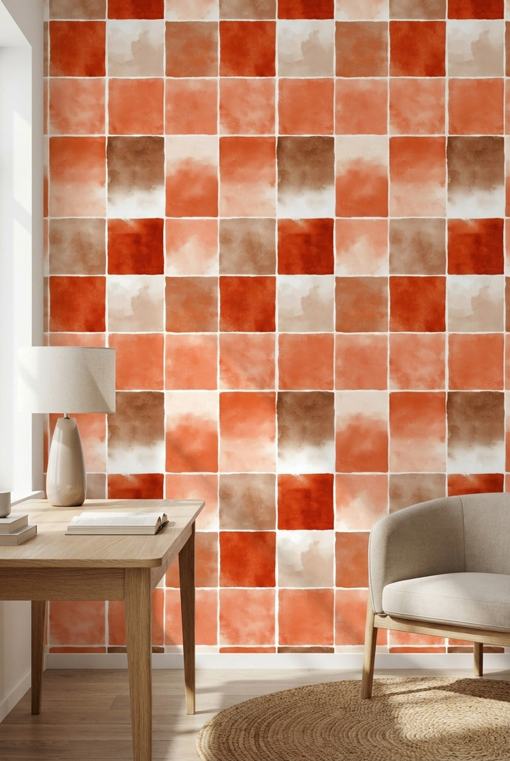Checkered Grid Wallpaper Geometric Squares Terracotta Removable Wall Decor
