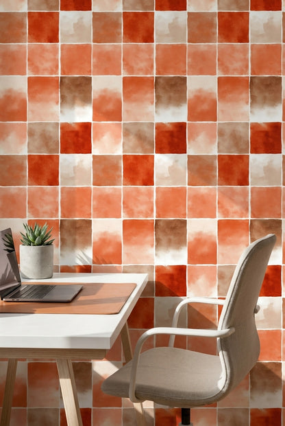 Checkered Grid Wallpaper Geometric Squares Terracotta Removable Wall Decor