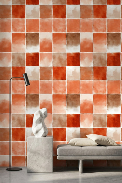 Checkered Grid Wallpaper Geometric Squares Terracotta Removable Wall Decor