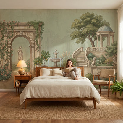 Muted Green Wallpaper Garden Removable Architecture Wall Decor