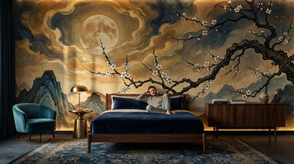 Moonlit Landscape Wallpaper Ink Wash East Asian Wall Mural