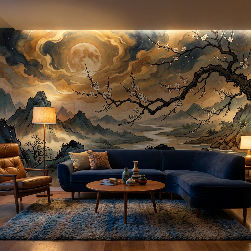 Moonlit Landscape Wallpaper Ink Wash East Asian Wall Mural