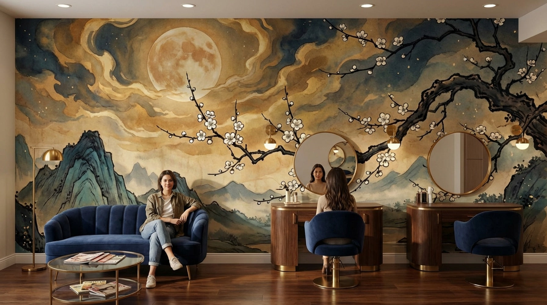 Moonlit Landscape Wallpaper Ink Wash East Asian Wall Mural