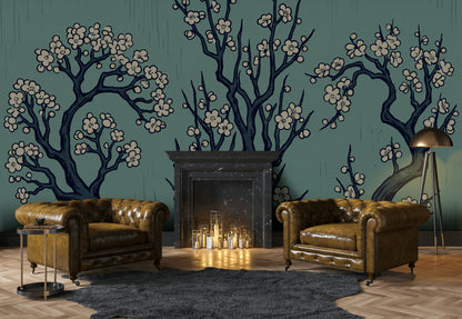Cherry Blossom Wallpaper Floral Trees East Asian Inspired Wall Mural