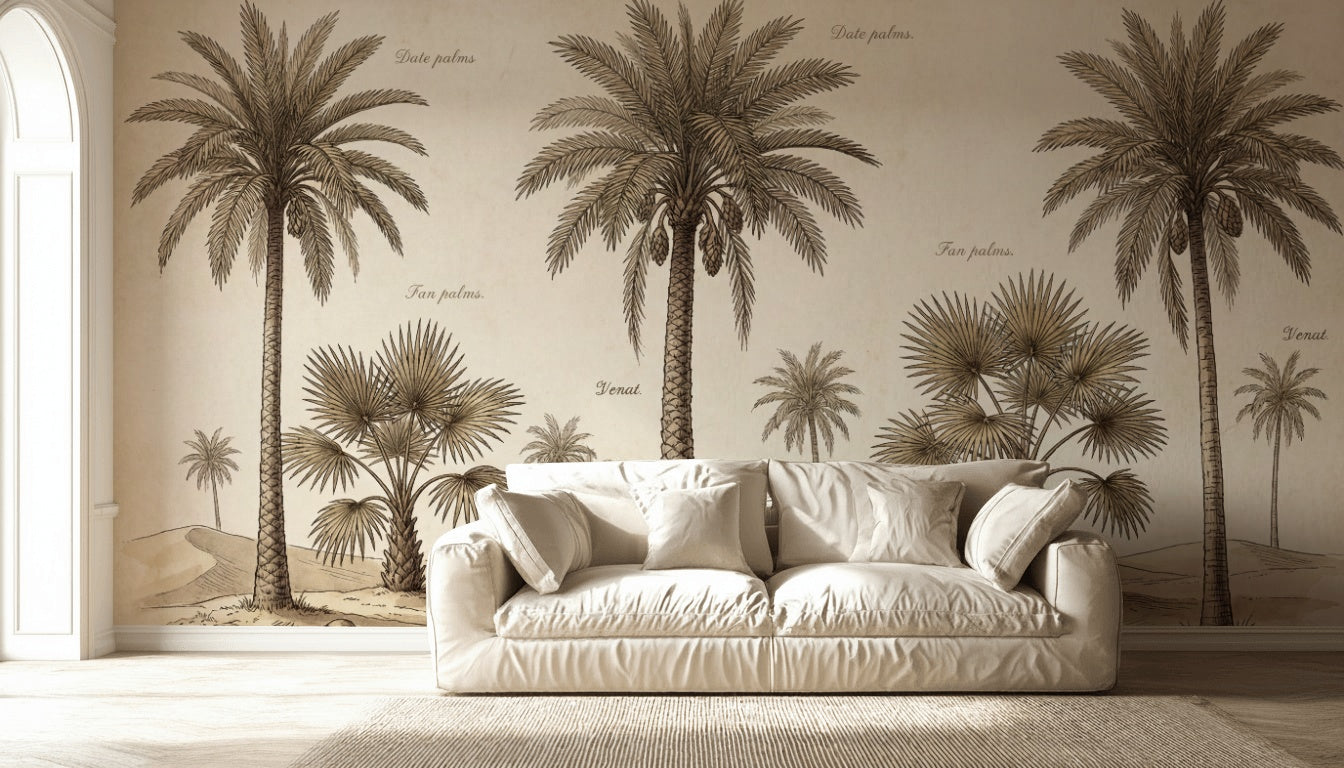 Vintage Botanical Wallpaper Palm Trees Desert Dunes Wall Mural