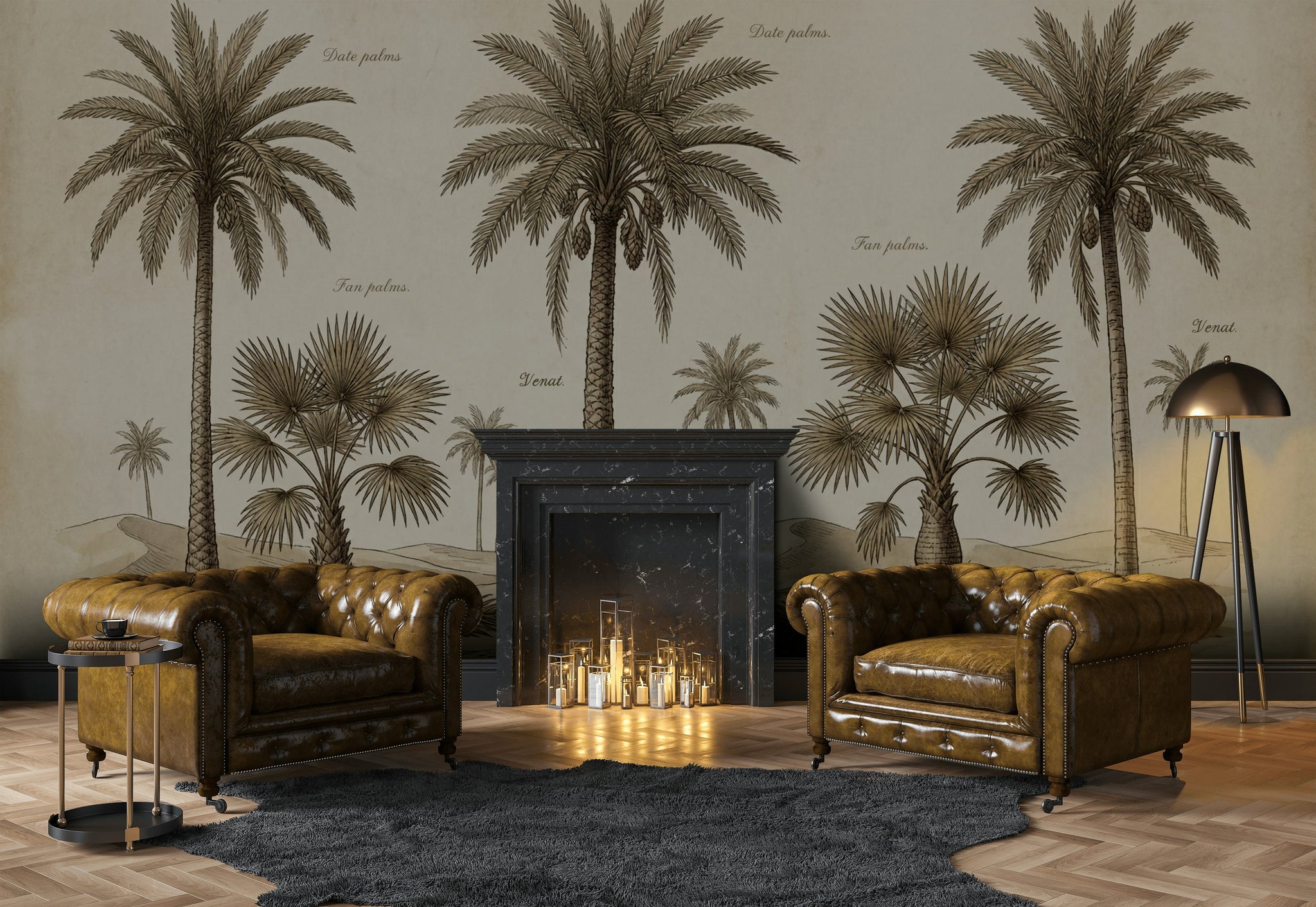 Vintage Botanical Wallpaper Palm Trees Desert Dunes Wall Mural