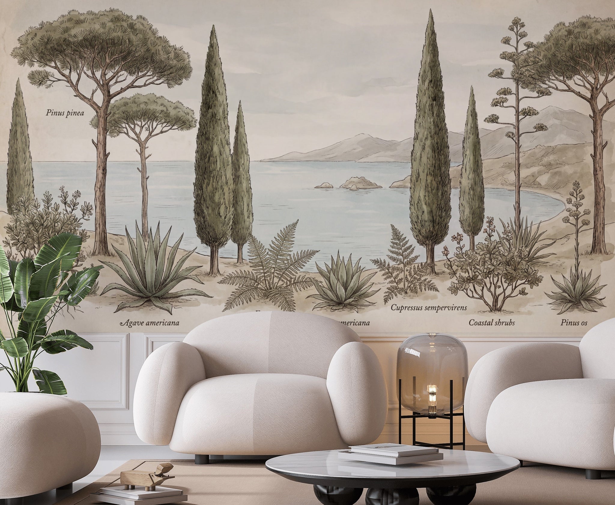 Mediterranean Coast Wallpaper Botanical Illustration Vintage Naturalist Plate Wall Mural
