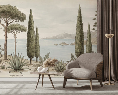 Mediterranean Coast Wallpaper Botanical Illustration Vintage Naturalist Plate Wall Mural