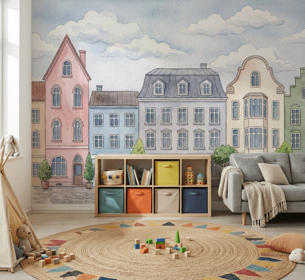 Watercolor Street Wallpaper Pastel European Wall Mural