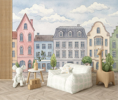 Watercolor Street Wallpaper Pastel European Wall Mural