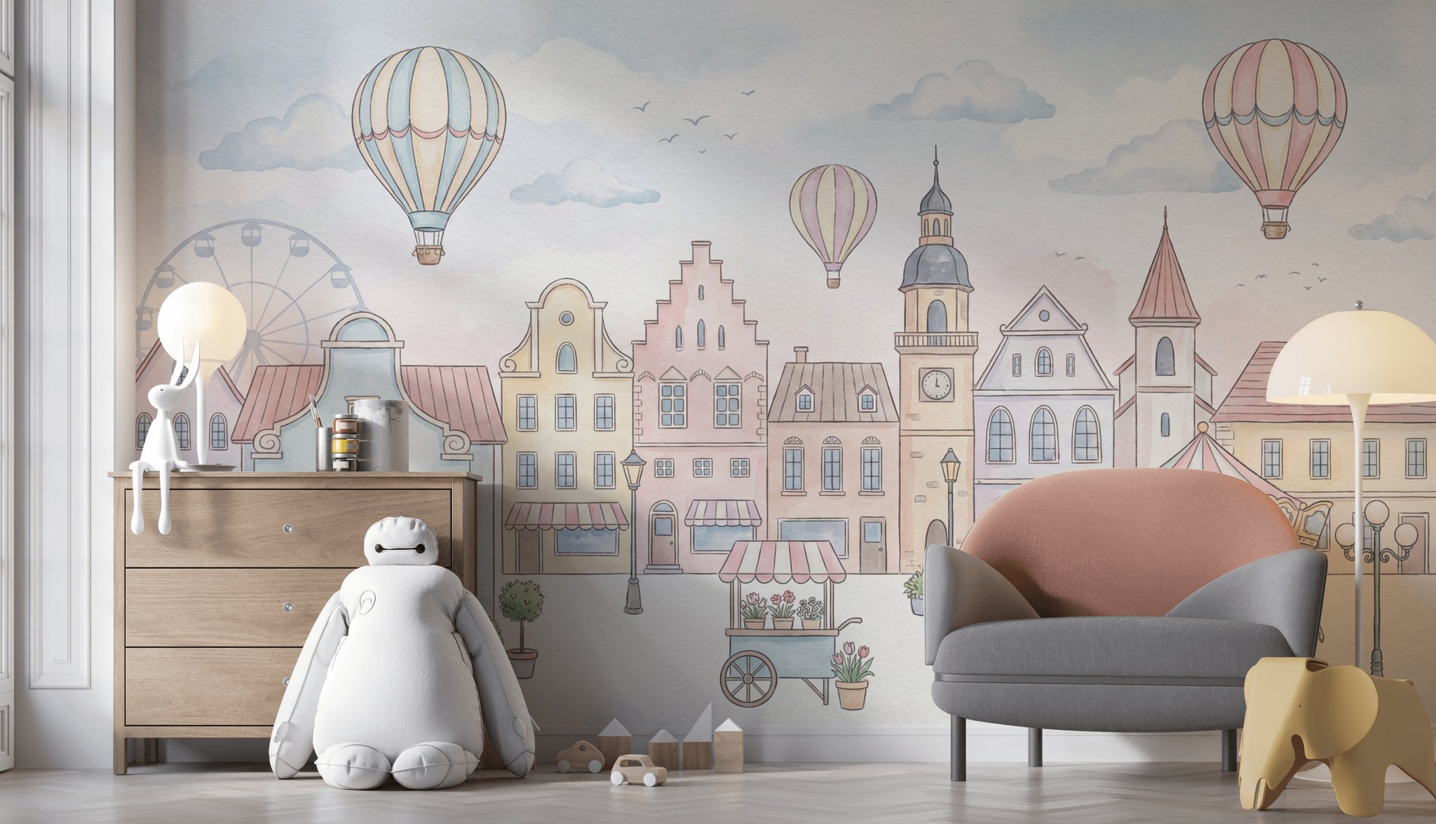 Whimsical Townscape Wallpaper Pastel European Wall Mural