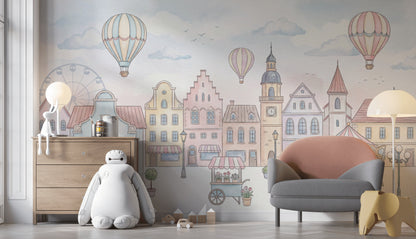 Whimsical Townscape Wallpaper Pastel European Wall Mural