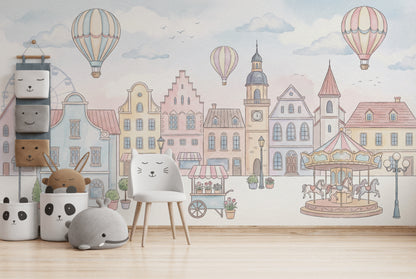 Whimsical Townscape Wallpaper Pastel European Wall Mural