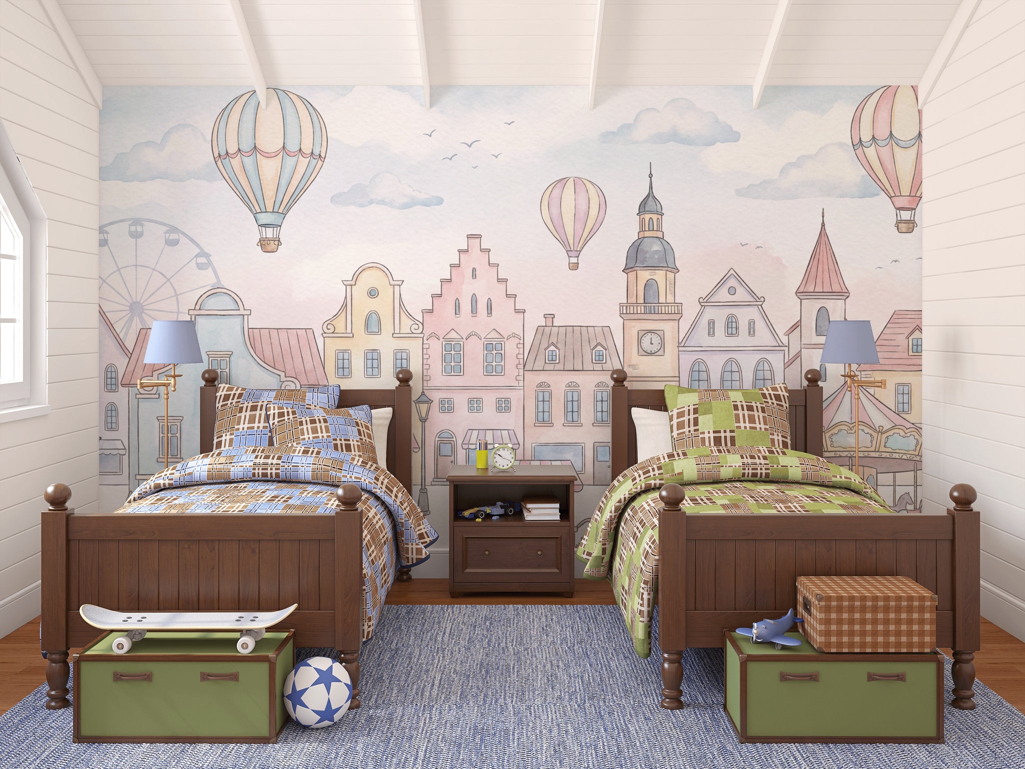 Whimsical Townscape Wallpaper Pastel European Wall Mural