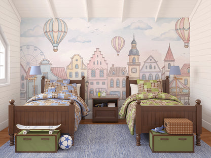 Whimsical Townscape Wallpaper Pastel European Wall Mural