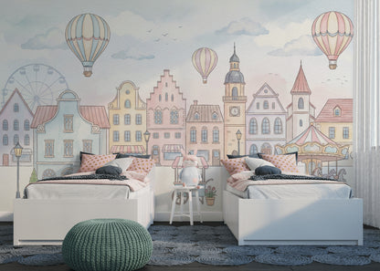 Whimsical Townscape Wallpaper Pastel European Wall Mural