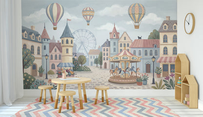 Village Wallpaper Hot Air Balloons Carousel Wall Mural