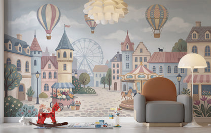 Village Wallpaper Hot Air Balloons Carousel Wall Mural