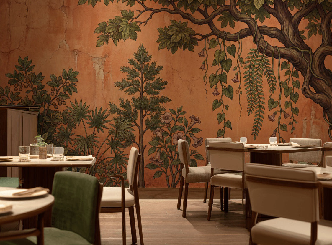 Botanical Mural Wallpaper Vintage Fresco Terracotta Plaster Wall Mural
