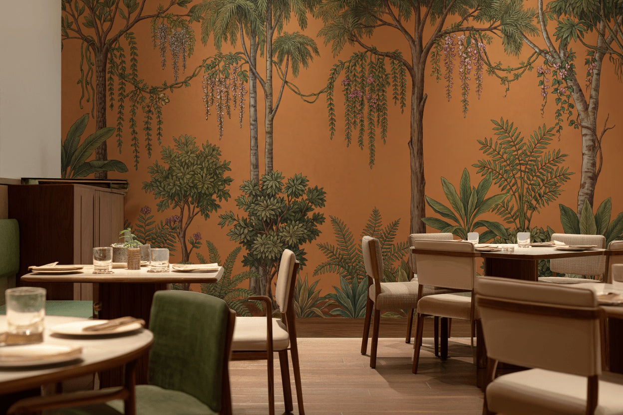 Tropical Botanical Wallpaper Terracotta Background Palm Trees Removable Wall Decor