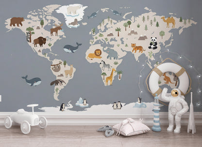 World Map Wallpaper Animals Educational Wall Mural