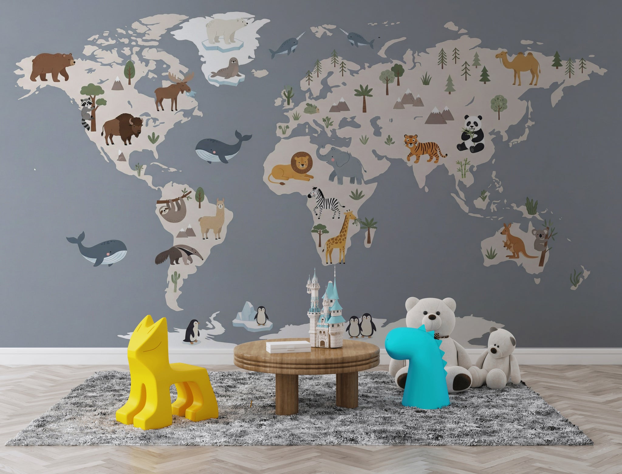 World Map Wallpaper Animals Educational Wall Mural