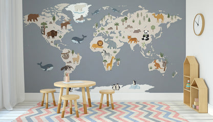 World Map Wallpaper Animals Educational Wall Mural