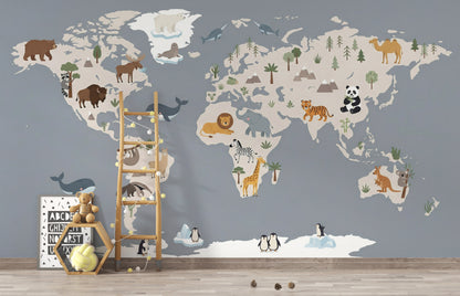 World Map Wallpaper Animals Educational Wall Mural