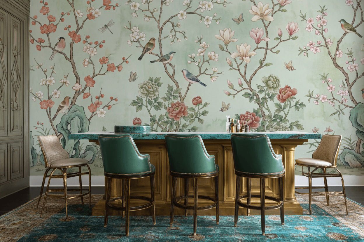 Floral Wallpaper Birds Green Wall Mural
