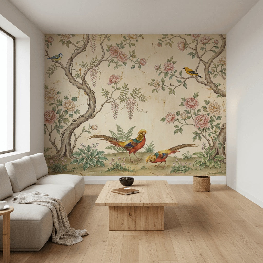 Chinoiserie Inspired Wallpaper Vintage Floral Birds Wall Mural