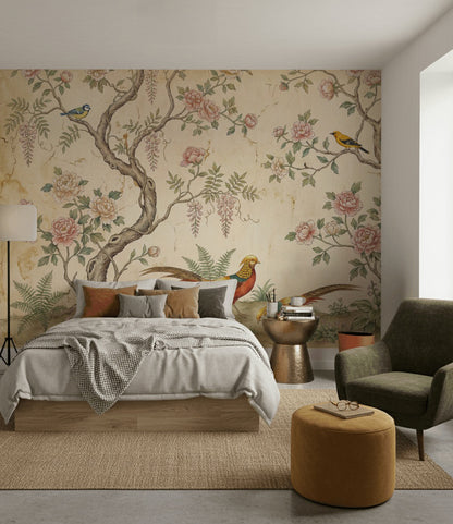 Chinoiserie Inspired Wallpaper Vintage Floral Birds Wall Mural