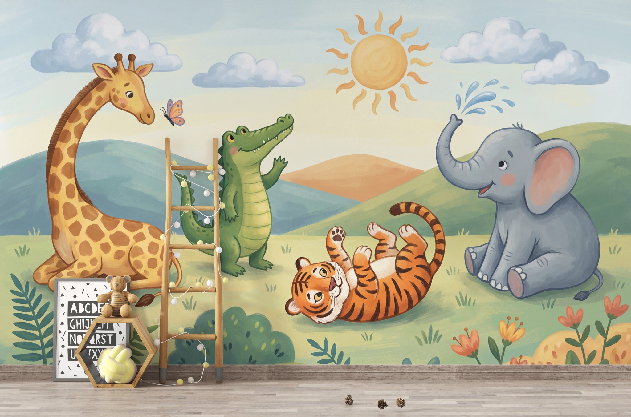 Kids Wallpaper Safari Animals Playful Illustration Removable Wall Decor