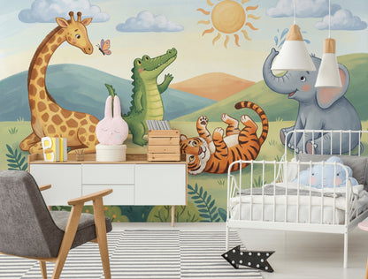 Kids Wallpaper Safari Animals Playful Illustration Removable Wall Decor