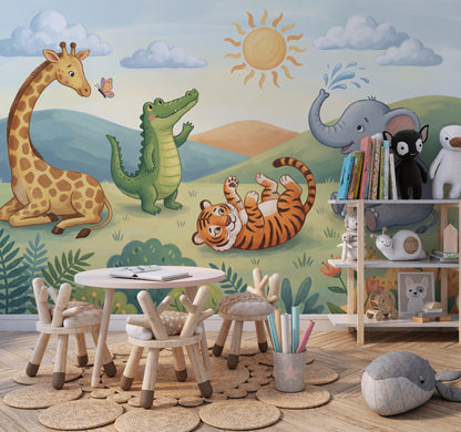 Kids Wallpaper Safari Animals Playful Illustration Removable Wall Decor