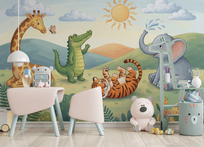 Kids Wallpaper Safari Animals Playful Illustration Removable Wall Decor