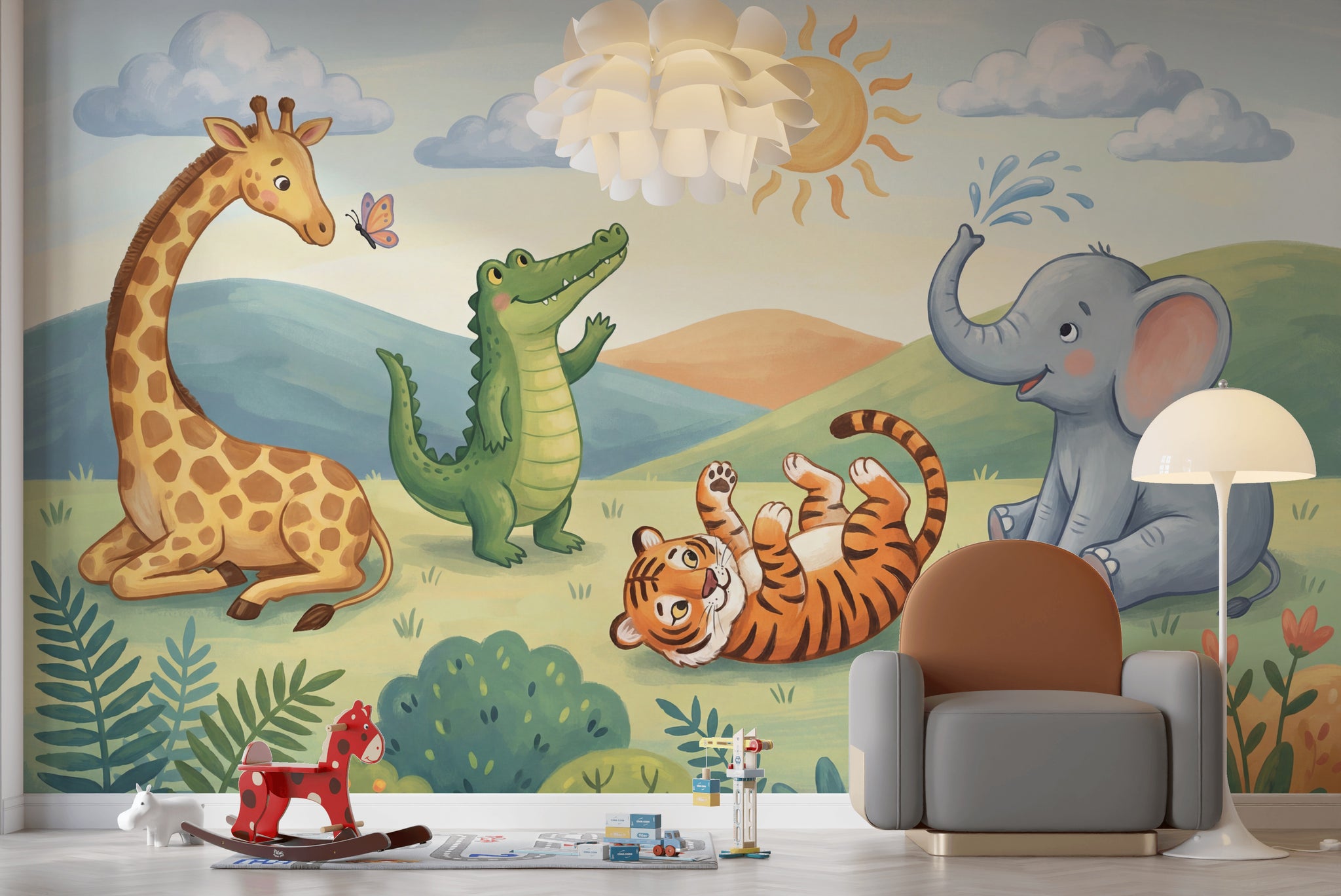 Kids Wallpaper Safari Animals Playful Illustration Removable Wall Decor