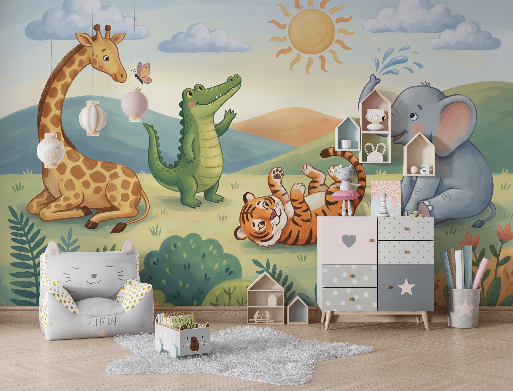 Kids Wallpaper Safari Animals Playful Illustration Removable Wall Decor