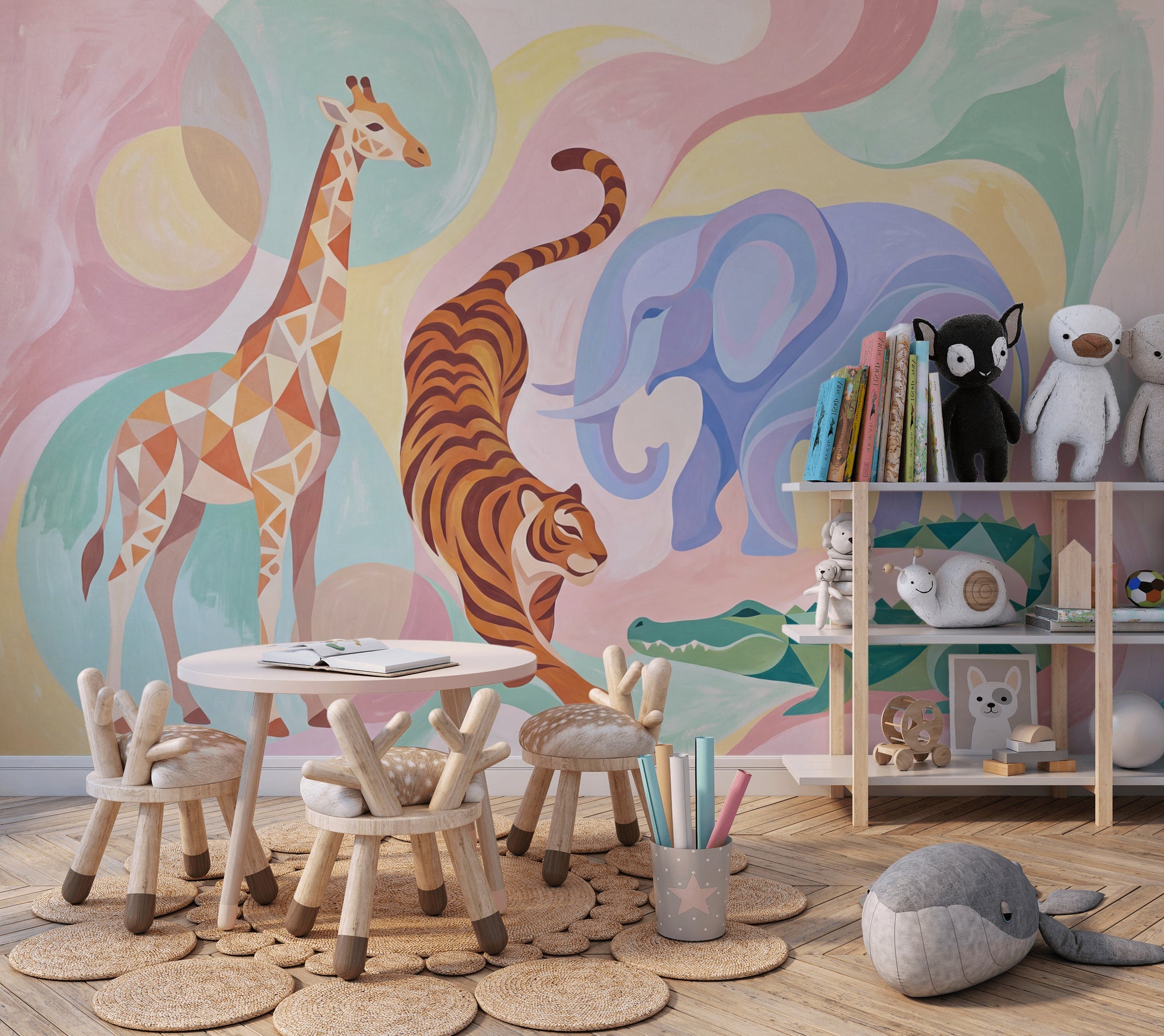 Safari Animals Wallpaper Pastel Bright Wall Mural