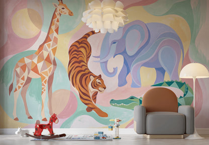 Safari Animals Wallpaper Pastel Bright Wall Mural
