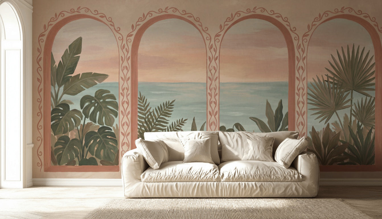 Coastal Landscape Wallpaper Arched Windows Mediterranean Wall Mural