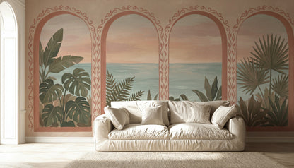 Coastal Landscape Wallpaper Arched Windows Mediterranean Wall Mural